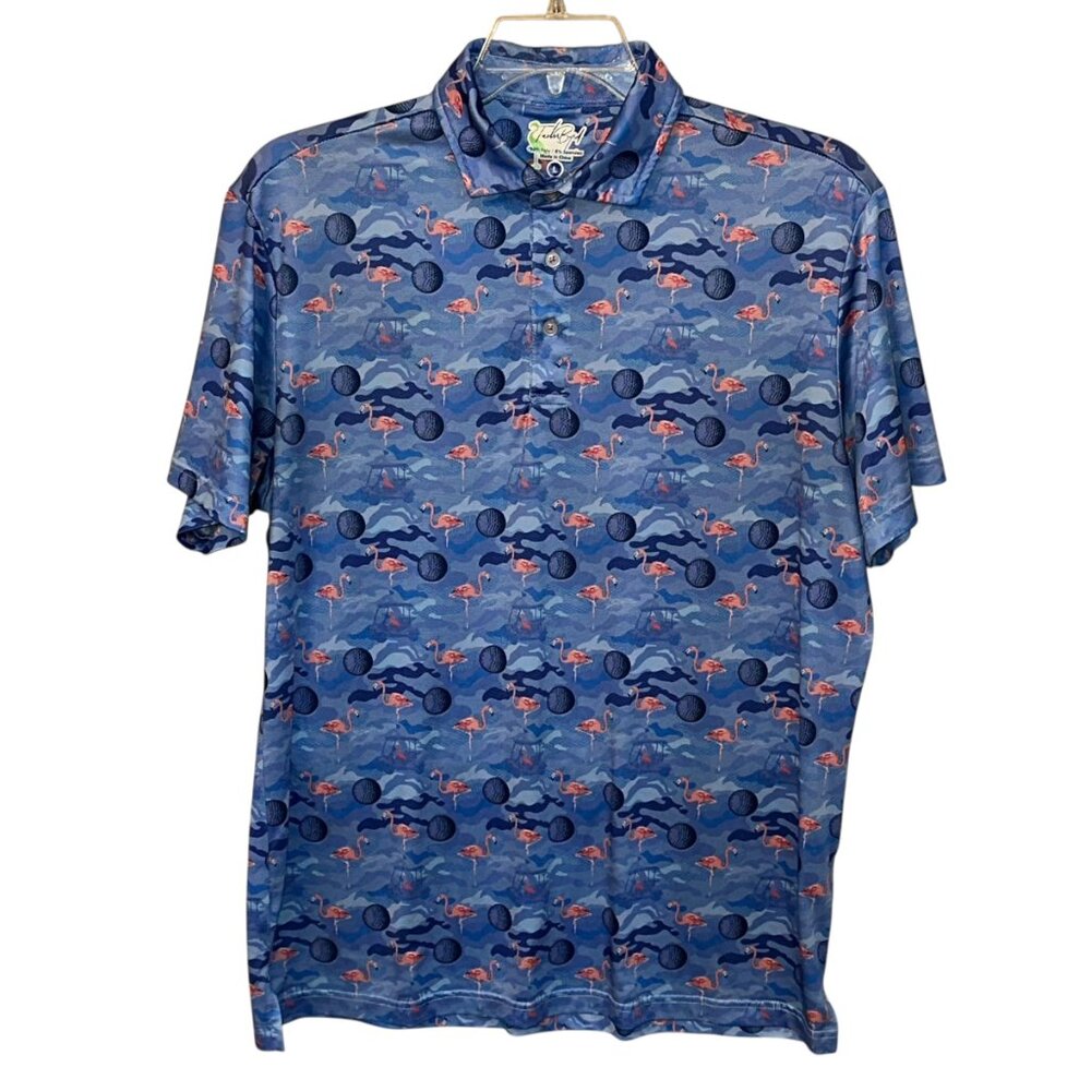 TailorByrd Blue Golf Ball Pink Flamingo Polo Shirt Large Performance SPF 30 - Picture 2 of 8